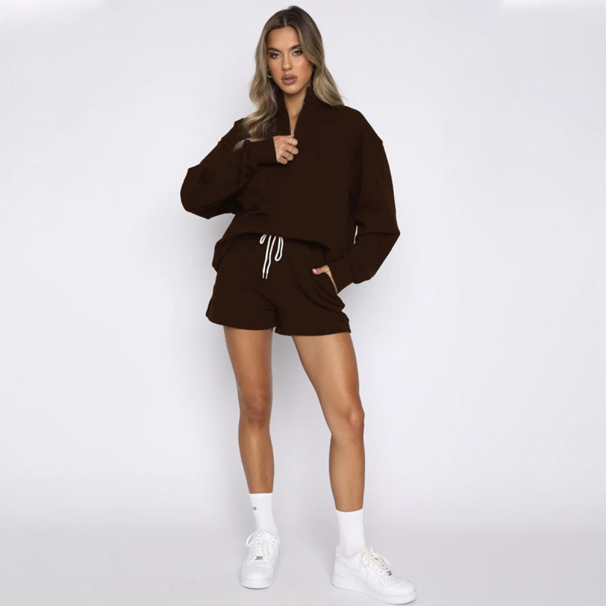 Stand-Up Collar Zipper Pullover Long-Sleeved Sweatshirts & Tie Shorts Lounge Sets - Shah S. Sahota