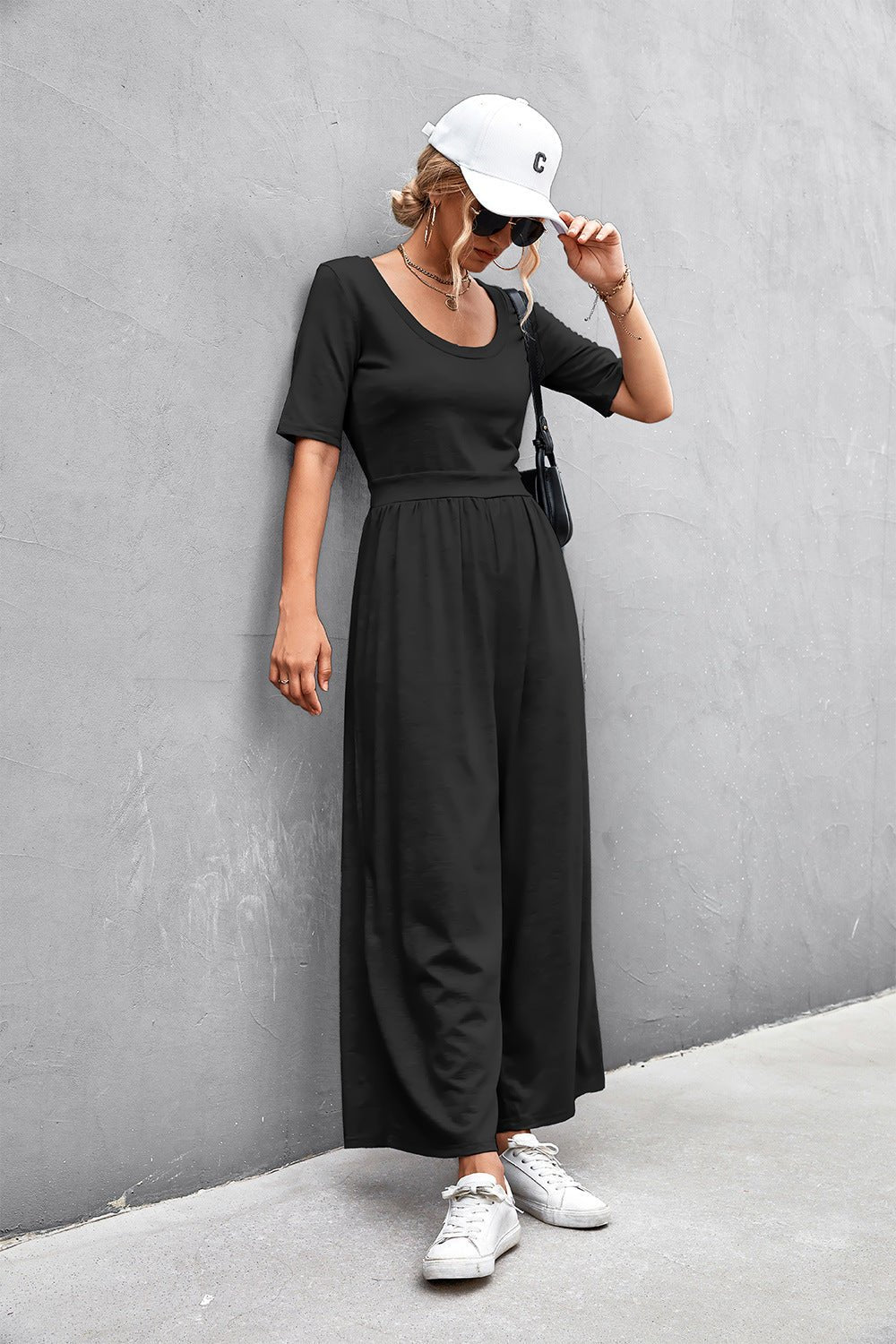 Scoop Neck Half Sleeve Wide Leg Jumpsuit - Shah S. Sahota
