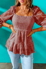 Applique Flounce Sleeve Smocked Peplum Top - Shah S. Sahota