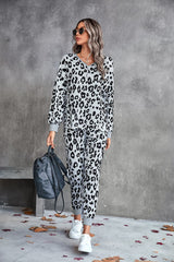Leopard V-Neck Dropped Shoulder Loungewear Set - Shah S. Sahota