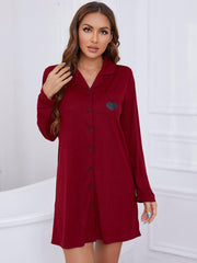 Heart Graphic Lapel Collar Long Sleeve Night Dress - Shah S. Sahota