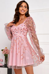 Applique Mesh Zip-Back Flounce Sleeve Dress - Shah S. Sahota