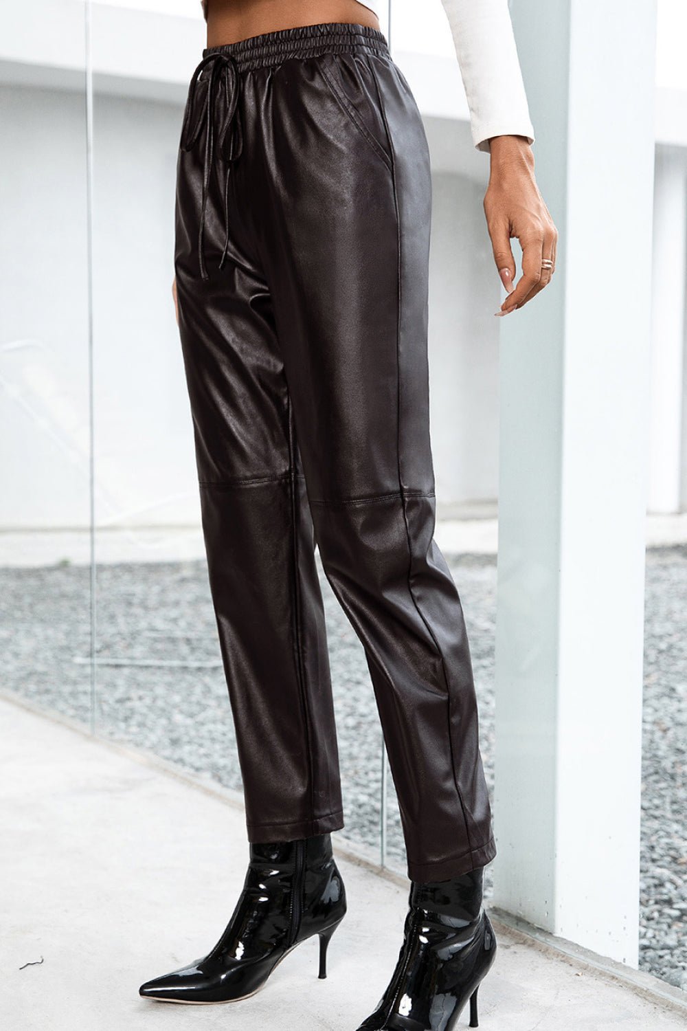 Seamed Elastic Waist PU Leather Pants - Shah S. Sahota