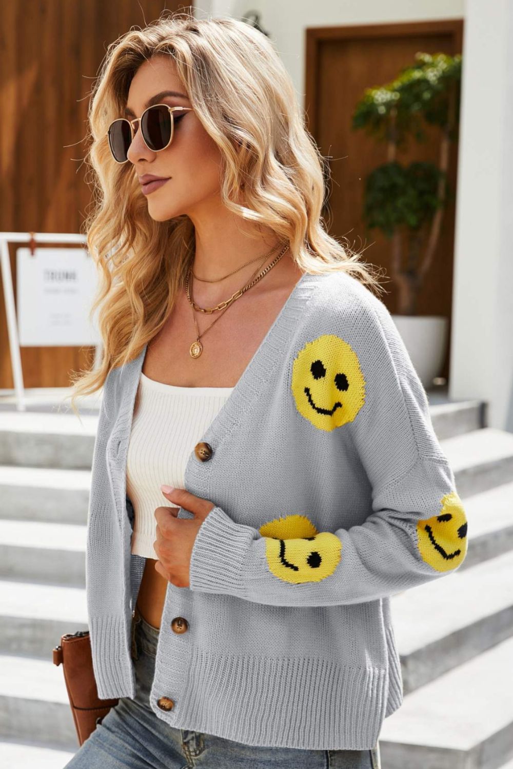 Smiley Face Ribbed Trim V-Neck Cardigan - Shah S. Sahota