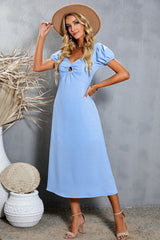 Short Puff Sleeve Sweetheart Neck Midi Dress - Shah S. Sahota