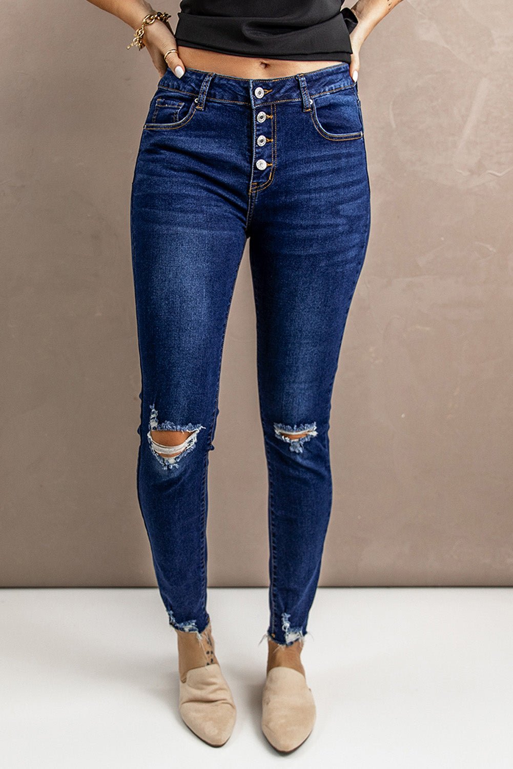 Distressed Button Fly Skinny Jeans - Shah S. Sahota