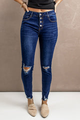 Distressed Button Fly Skinny Jeans - Shah S. Sahota