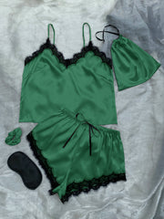Lace Trim Cami, Shorts, Eye Mask, Scrunchie, and Bag Pajama Set - Shah S. Sahota