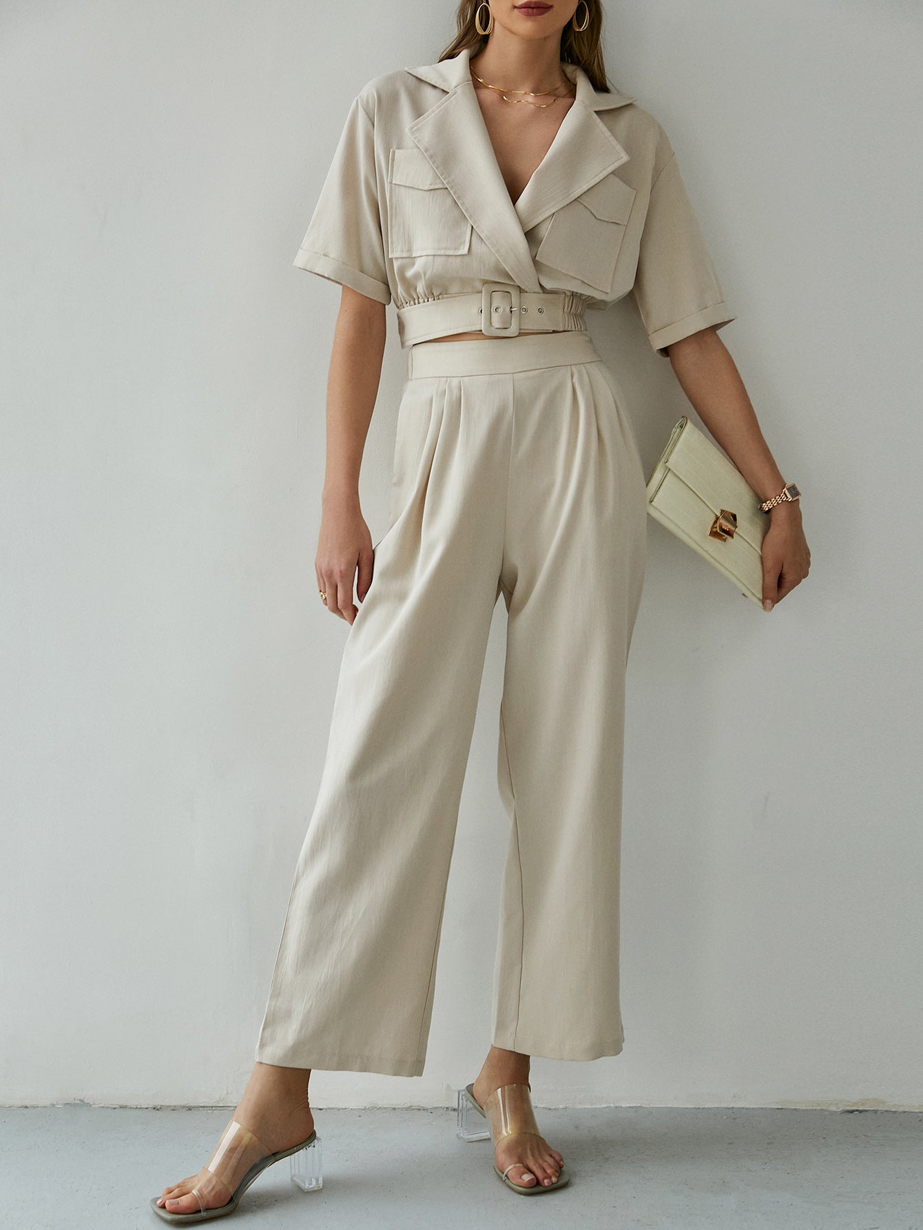 Belted Detail Cropped Blazer and Pants Set - Shah S. Sahota