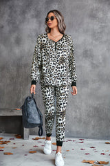 Leopard V-Neck Dropped Shoulder Loungewear Set - Shah S. Sahota