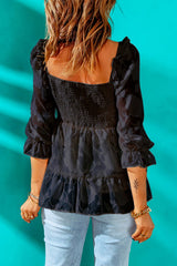 Applique Flounce Sleeve Smocked Peplum Top - Shah S. Sahota
