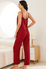 Plaid Lace Trim Cami and Drawstring Pants Pajama Set - Shah S. Sahota