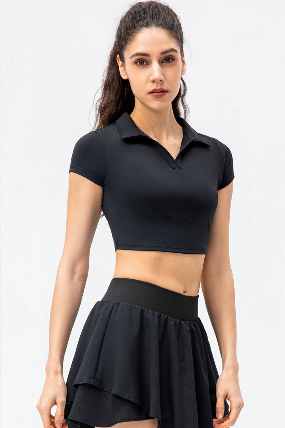 Cropped Short Sleeve Collared Yoga Top - Shah S. Sahota