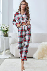 Plaid Button Front Top and Pants Lounge Set - Shah S. Sahota