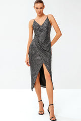 Sequined Spaghetti Strap Ruched Wrap Dress - Shah S. Sahota