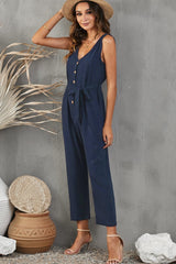 Belted V-Neck Sleeveless Jumpsuit with Pockets - Shah S. Sahota