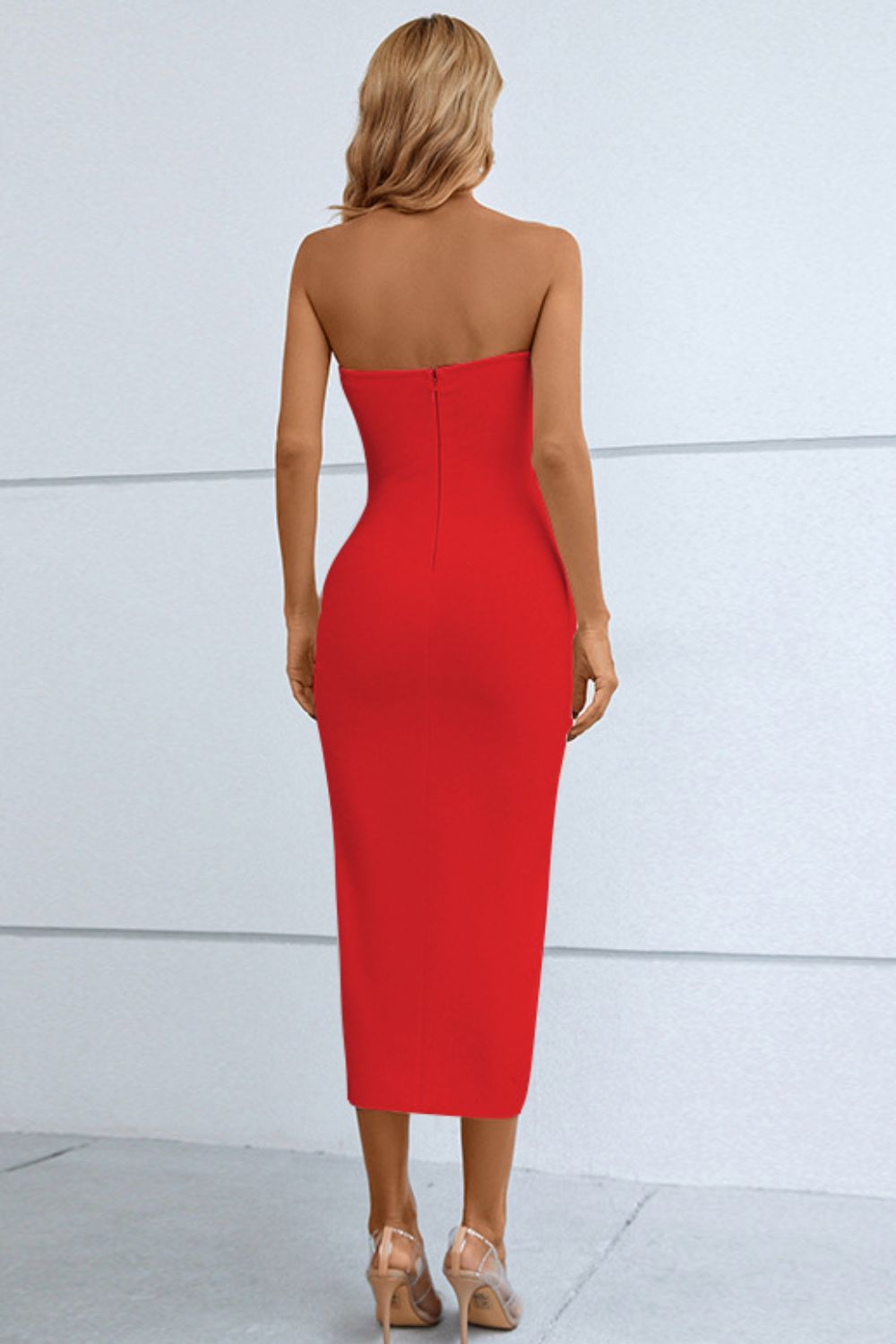Cutout Strapless Drawstring Detail Split Bandage Dress - Shah S. Sahota