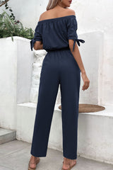 Off-Shoulder Tie Cuff Jumpsuit with Pockets - Shah S. Sahota