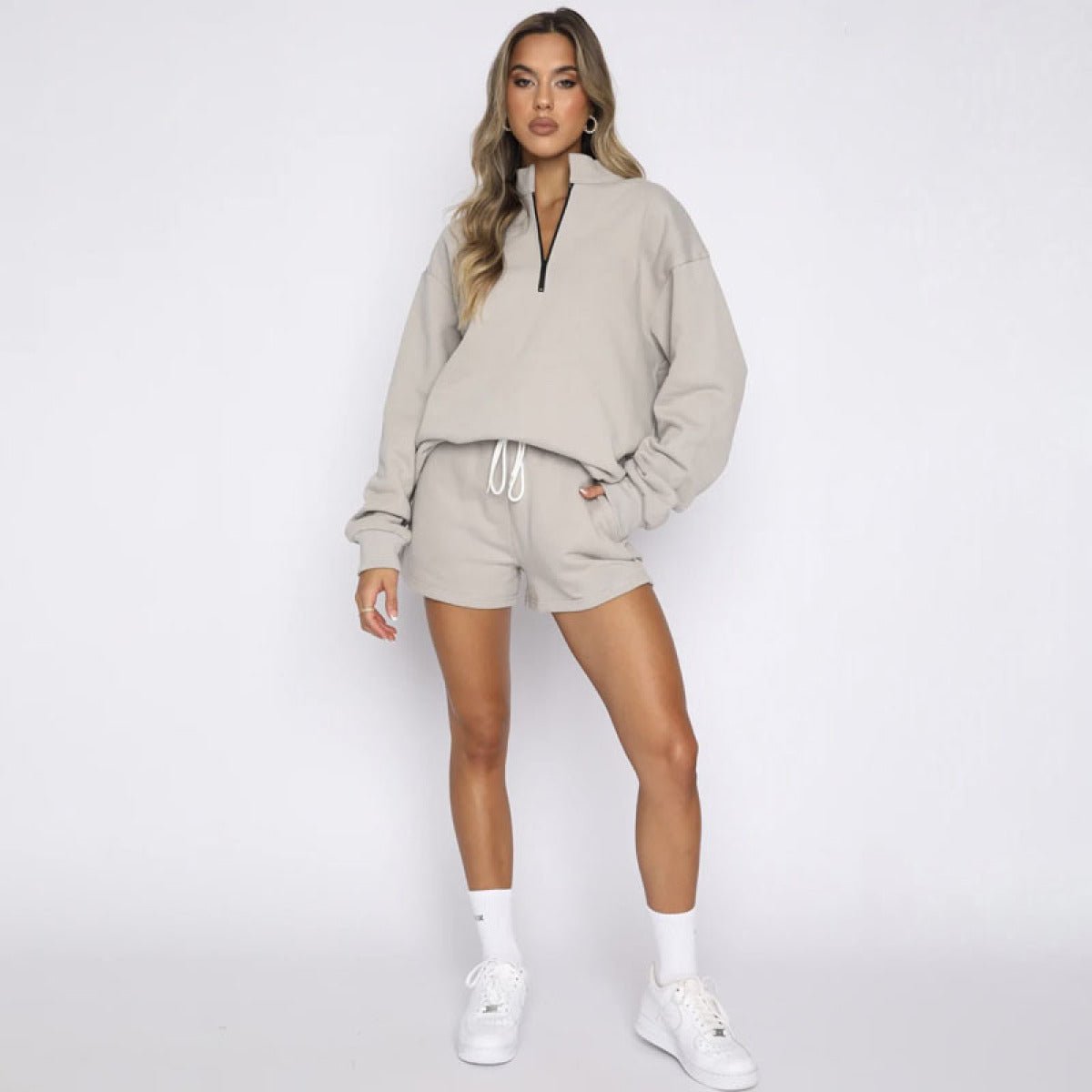 Stand-Up Collar Zipper Pullover Long-Sleeved Sweatshirts & Tie Shorts Lounge Sets - Shah S. Sahota