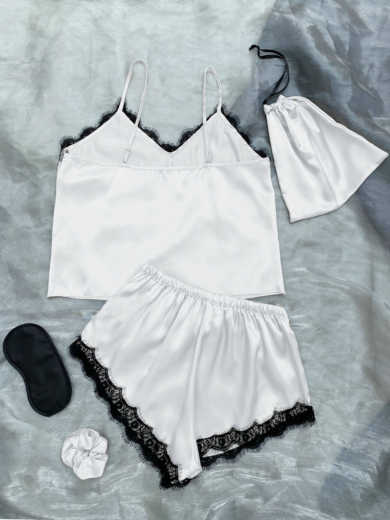 Lace Trim Cami, Shorts, Eye Mask, Scrunchie, and Bag Pajama Set - Shah S. Sahota
