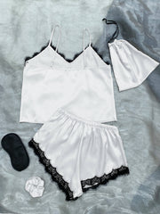 Lace Trim Cami, Shorts, Eye Mask, Scrunchie, and Bag Pajama Set - Shah S. Sahota
