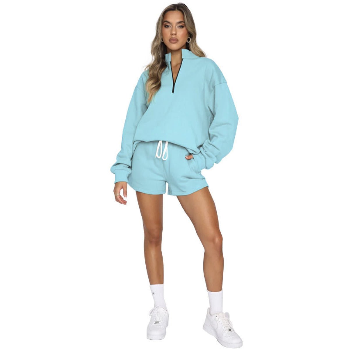 Stand-Up Collar Zipper Pullover Long-Sleeved Sweatshirts & Tie Shorts Lounge Sets - Shah S. Sahota