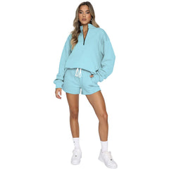 Stand-Up Collar Zipper Pullover Long-Sleeved Sweatshirts & Tie Shorts Lounge Sets - Shah S. Sahota