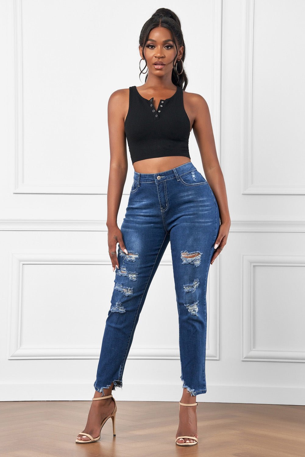 High-Rise Distressed Hem Detail Jeans - Shah S. Sahota