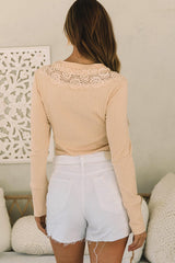 Lace Patchwork Ribbed Half Buttoned Bodysuit