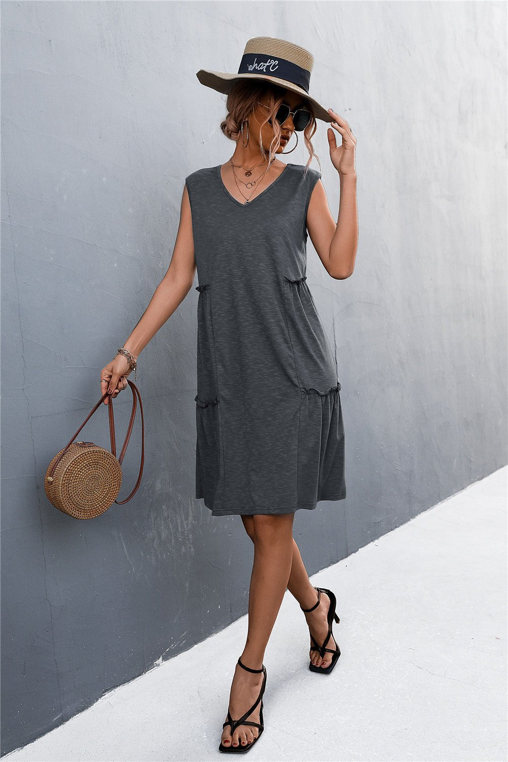 V-Neck Frill Trim Sleeveless Dress - Shah S. Sahota