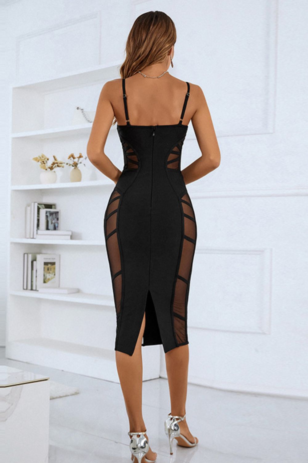 Spaghetti Strap Spliced Mesh Slit Back Dress - Shah S. Sahota