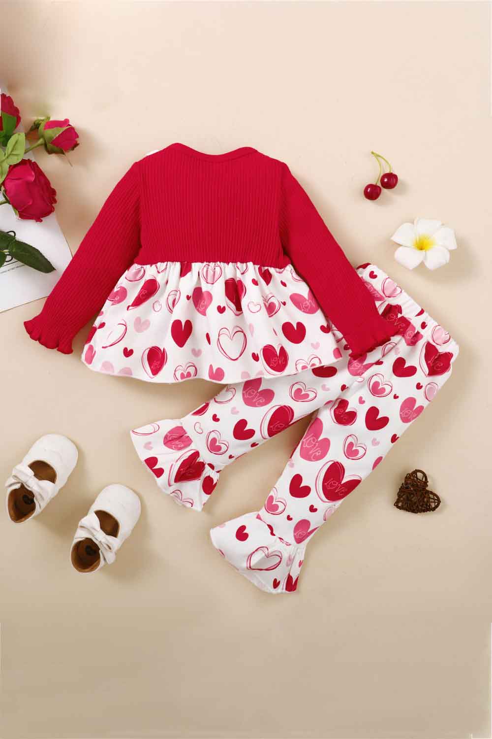 Girls Heart Print Bow Detail Sweater and Flare Pants Set - Shah S. Sahota