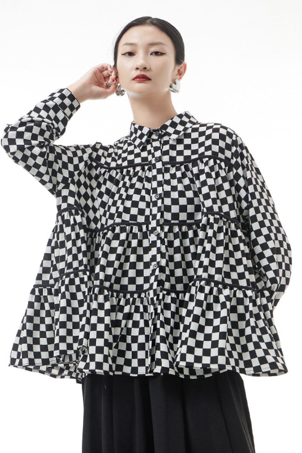 Checkered Button Down Tiered Babydoll Shirt - Shah S. Sahota