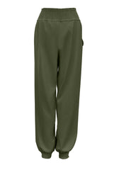 Casual Shirred Elastic High Waist Tie With Pocket Pants