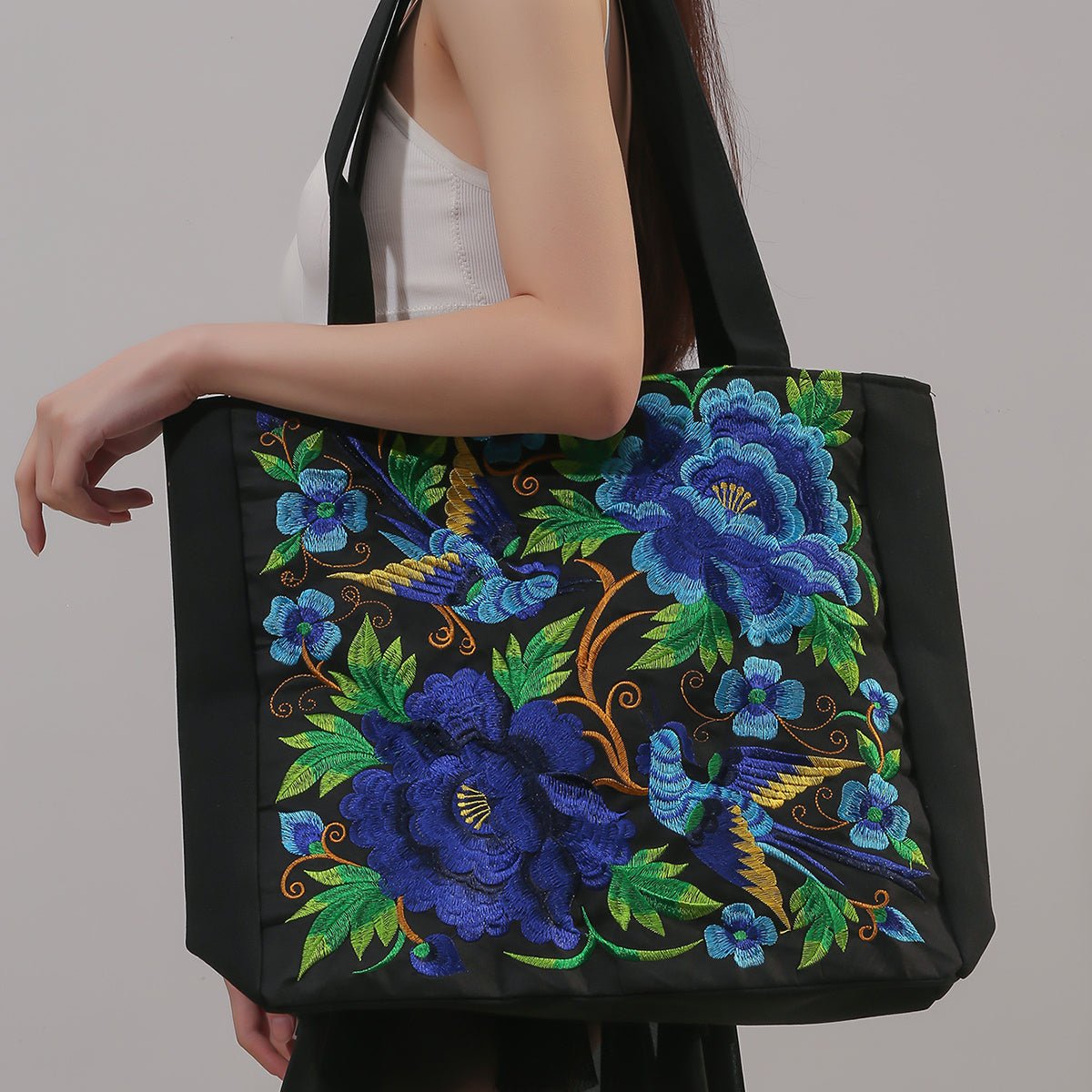 Flower & Bird Embroidered Tote Bag, Large Capacity Shoulder Bag, Stylish Handbag - Shah S. Sahota