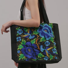 Flower & Bird Embroidered Tote Bag, Large Capacity Shoulder Bag, Stylish Handbag - Shah S. Sahota
