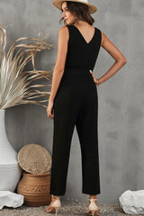 Belted V-Neck Sleeveless Jumpsuit with Pockets - Shah S. Sahota