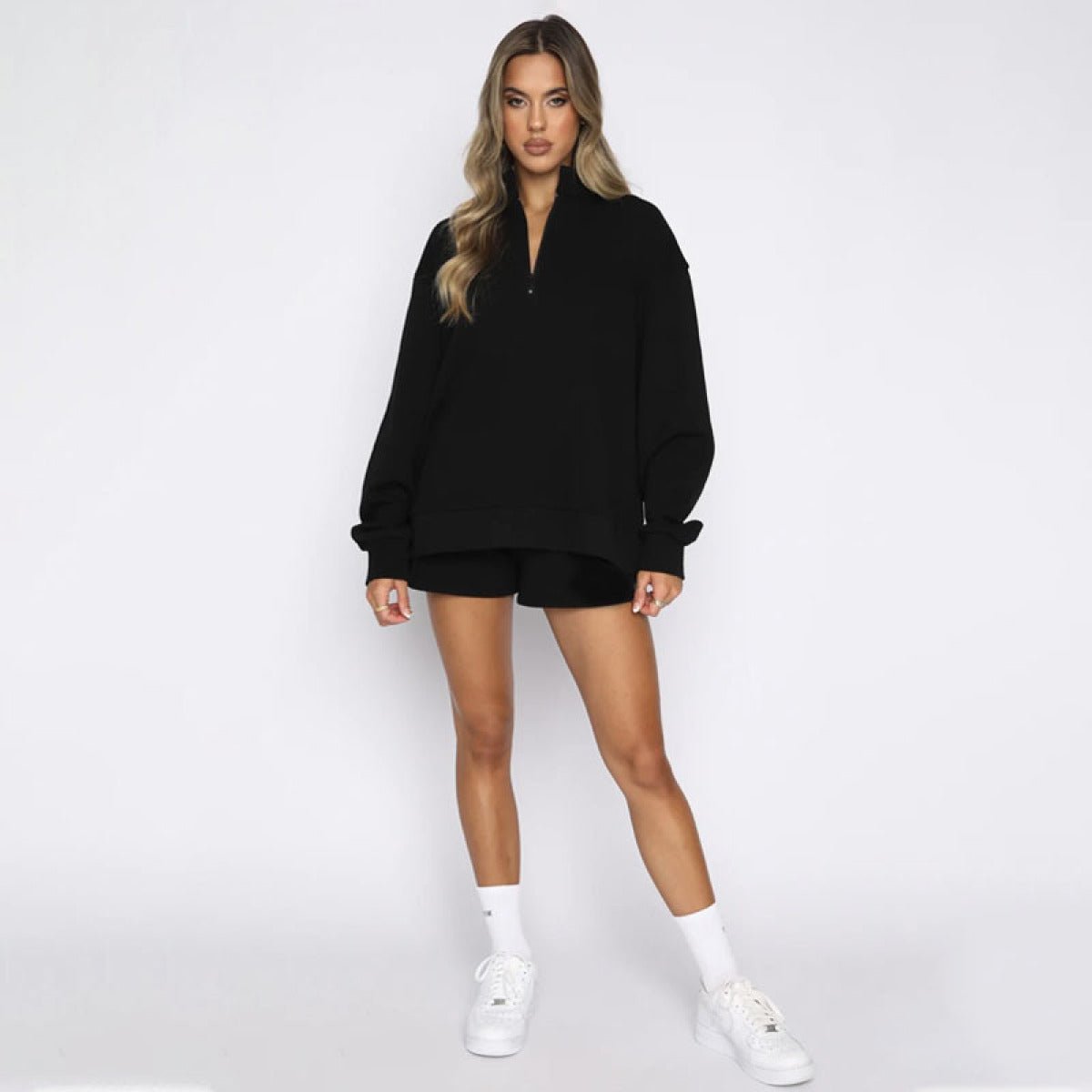 Stand-Up Collar Zipper Pullover Long-Sleeved Sweatshirts & Tie Shorts Lounge Sets - Shah S. Sahota