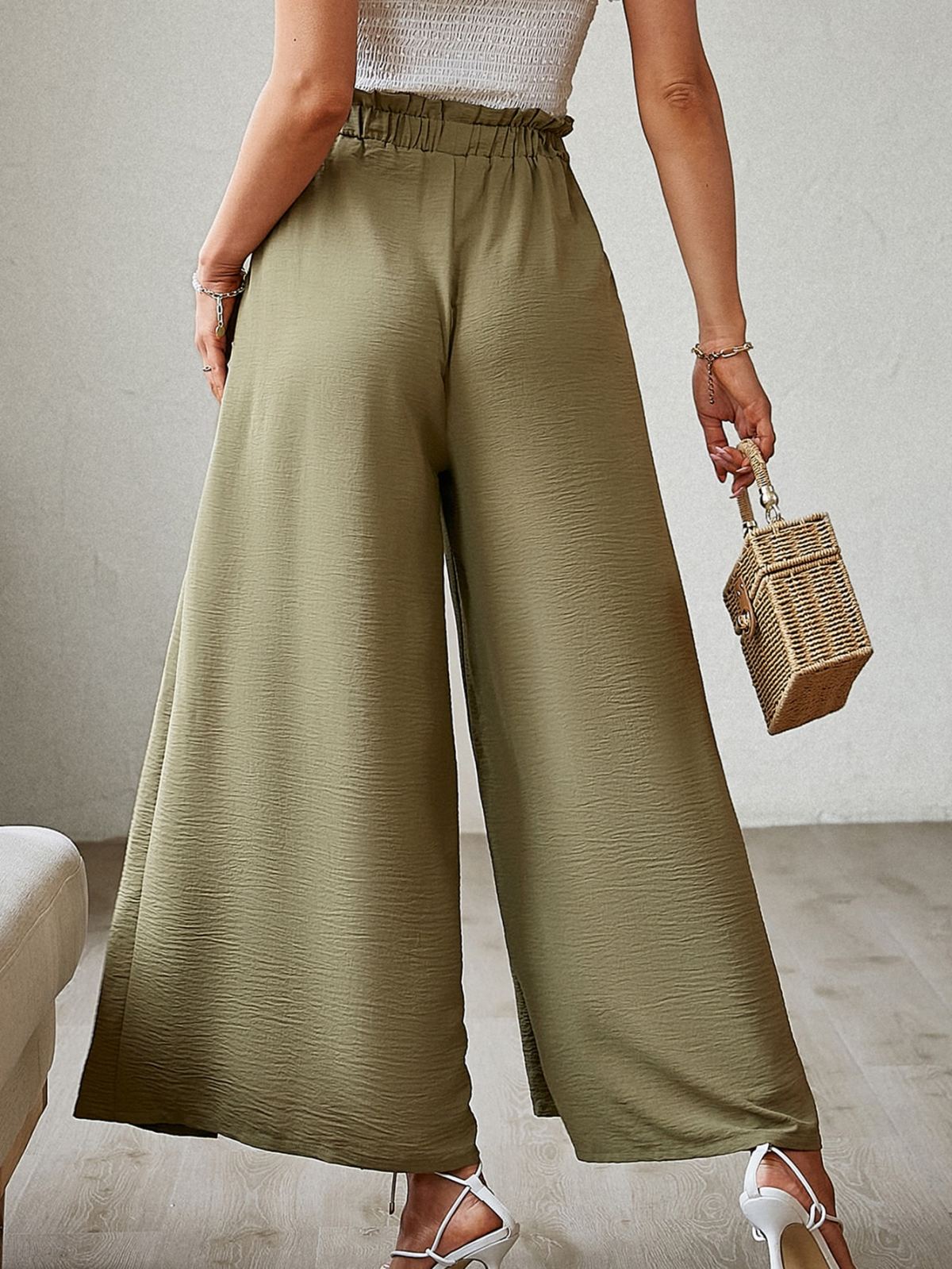 Tie Front Paperbag Waist Slit Thigh Wide Leg Pants - Shah S. Sahota