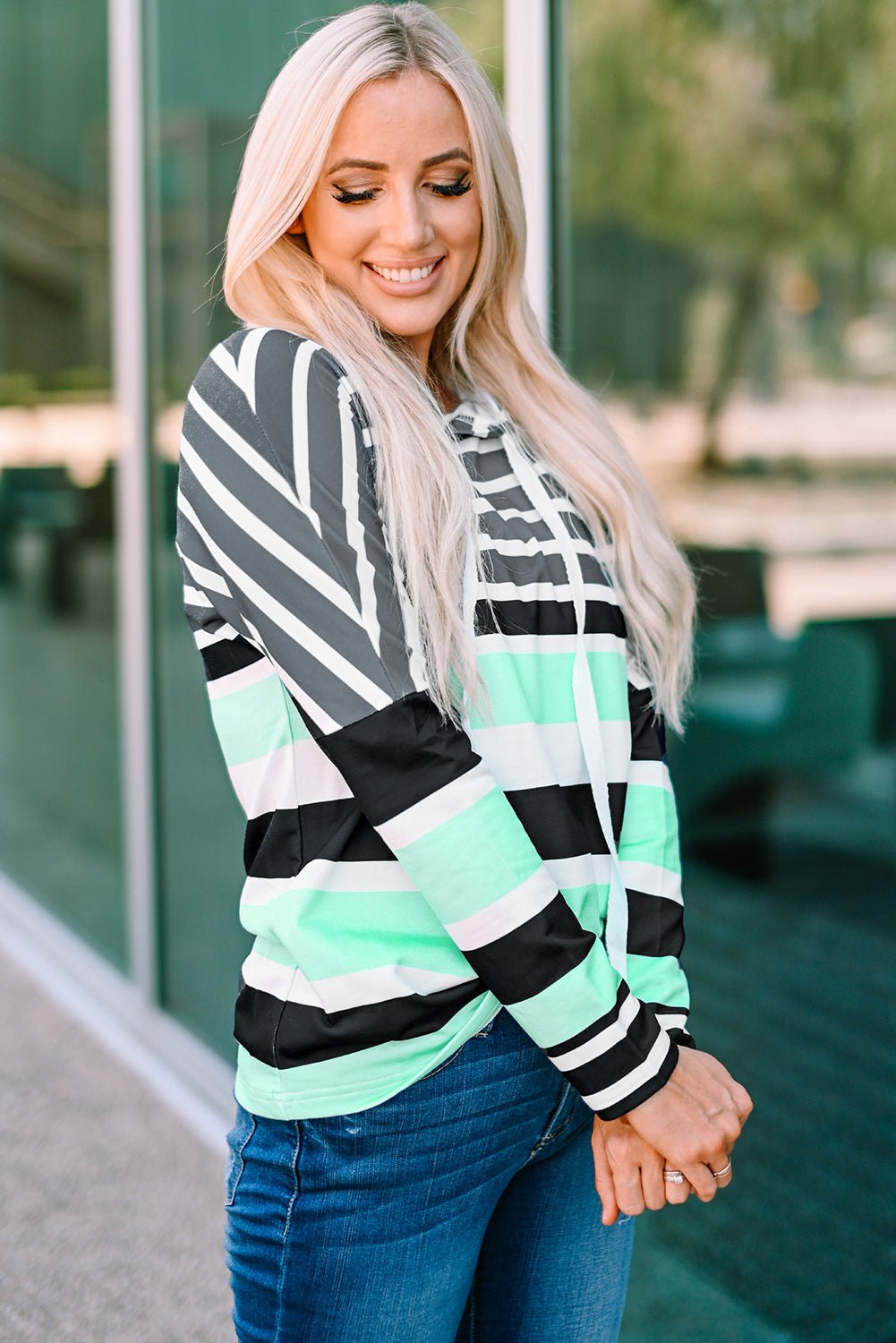 Striped Drawstring Detail Long Sleeve Hoodie - Shah S. Sahota