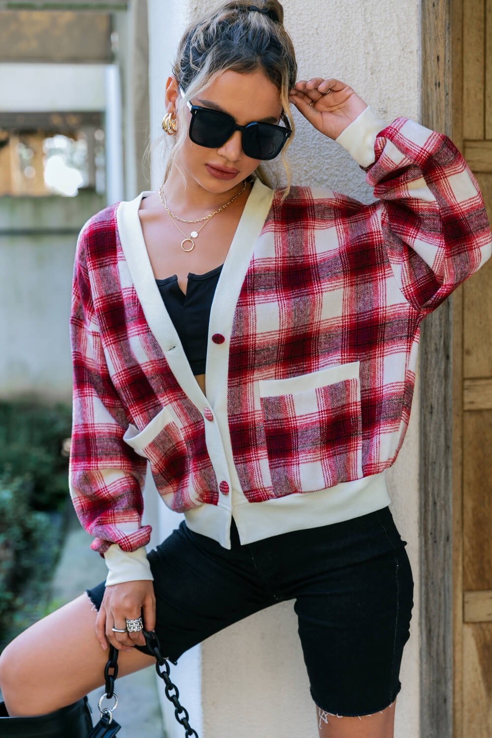 Plaid Button Down Jacket with Pockets - Shah S. Sahota
