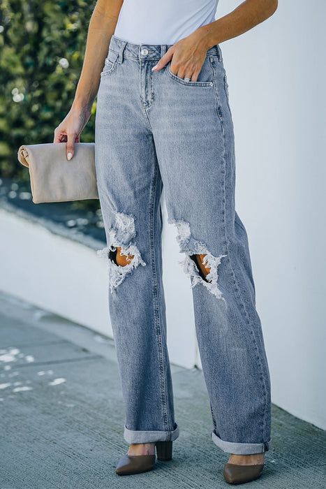 Distressed Straight Leg High Waist Jeans - Shah S. Sahota
