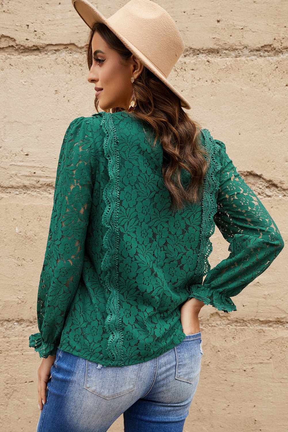 Lace Crochet V-Neck Flounce Sleeve Top - Shah S. Sahota