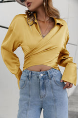 Satin Bishop Sleeve Cropped Wrap Top - Shah S. Sahota