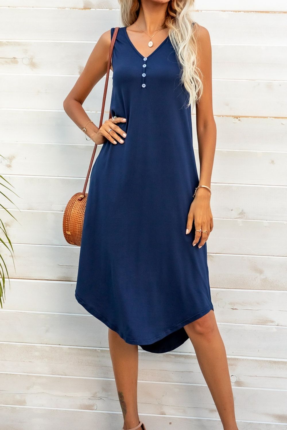 Buttoned V-Neck Curved Hem Sleeveless Dress - Shah S. Sahota