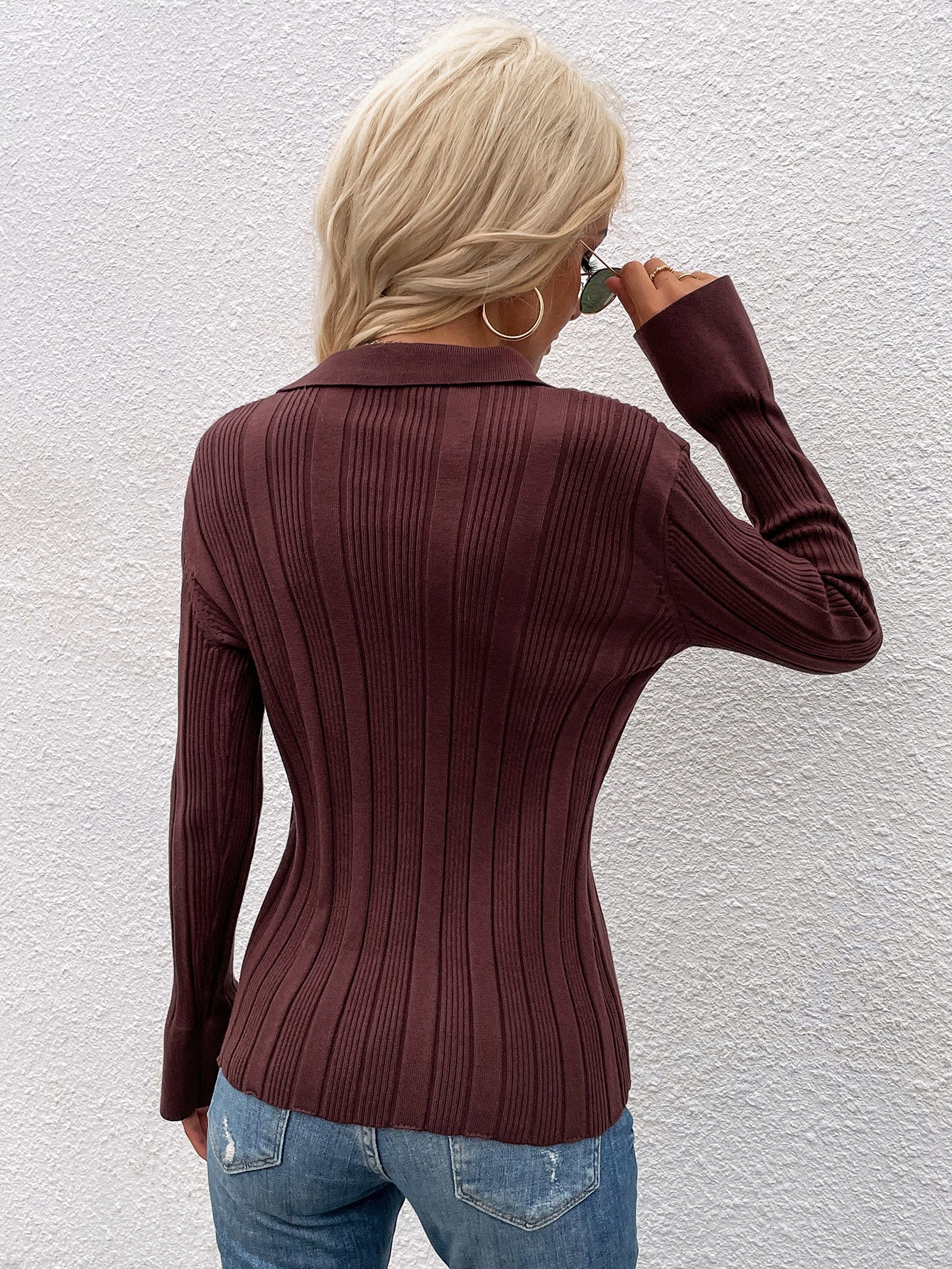 Buttoned Rib-Knit Collared Cardigan - Shah S. Sahota