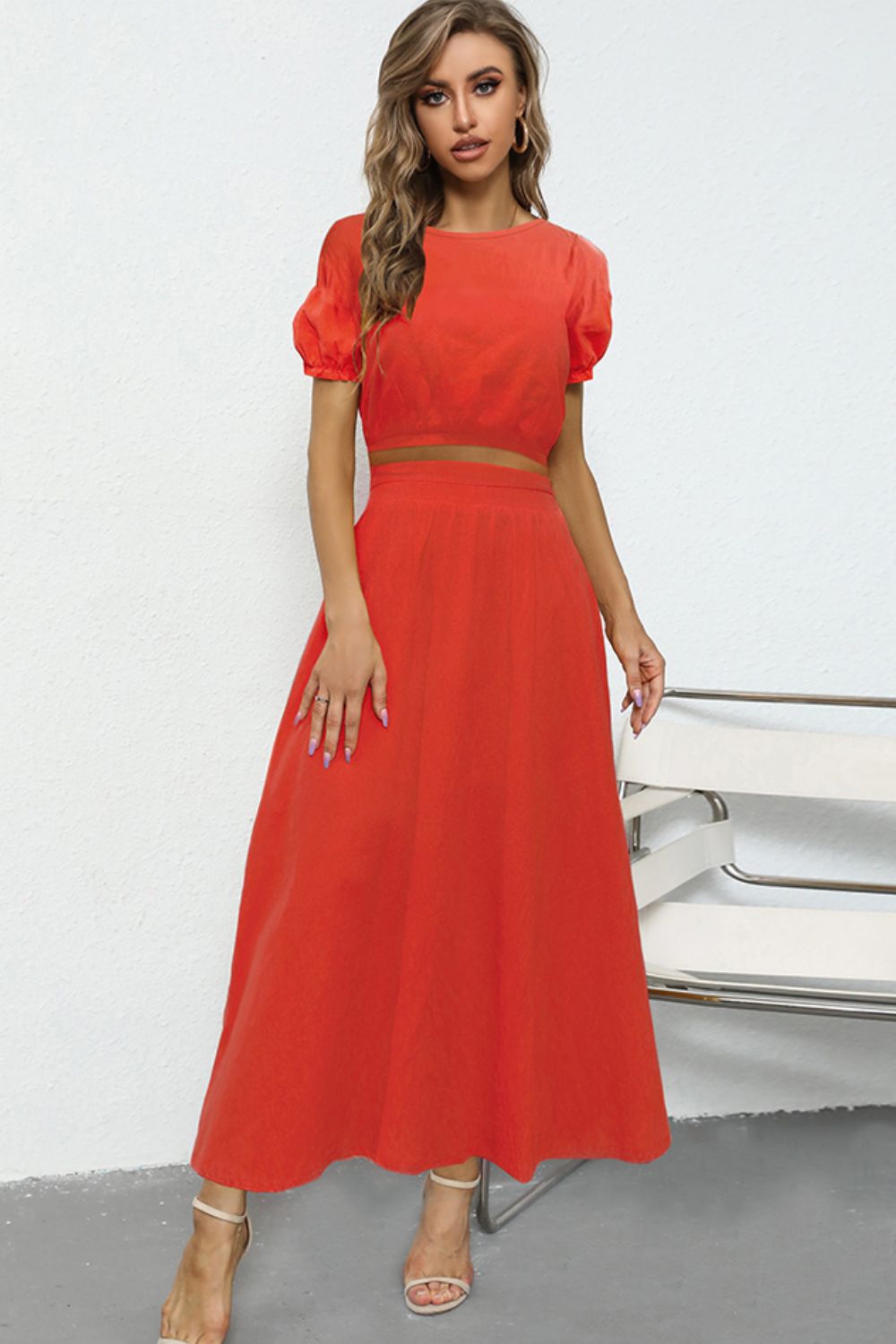 Puff Sleeve Crop Top and Maxi Skirt Set - Shah S. Sahota