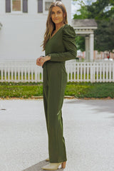 Belted Long Puff Sleeve V-Neck Jumpsuit - Shah S. Sahota