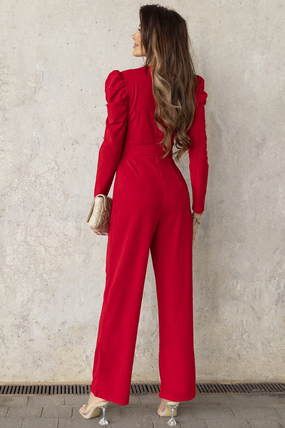 Belted Long Puff Sleeve V-Neck Jumpsuit - Shah S. Sahota