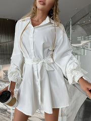 Drawstring Balloon Sleeves Belted Mini Shirt Dress - Shah S. Sahota